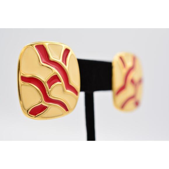 Monet Vintage Earrings Red Off White Cream Enamel Gold Chunky Tone 1970s BinAO - Picture 4 of 12